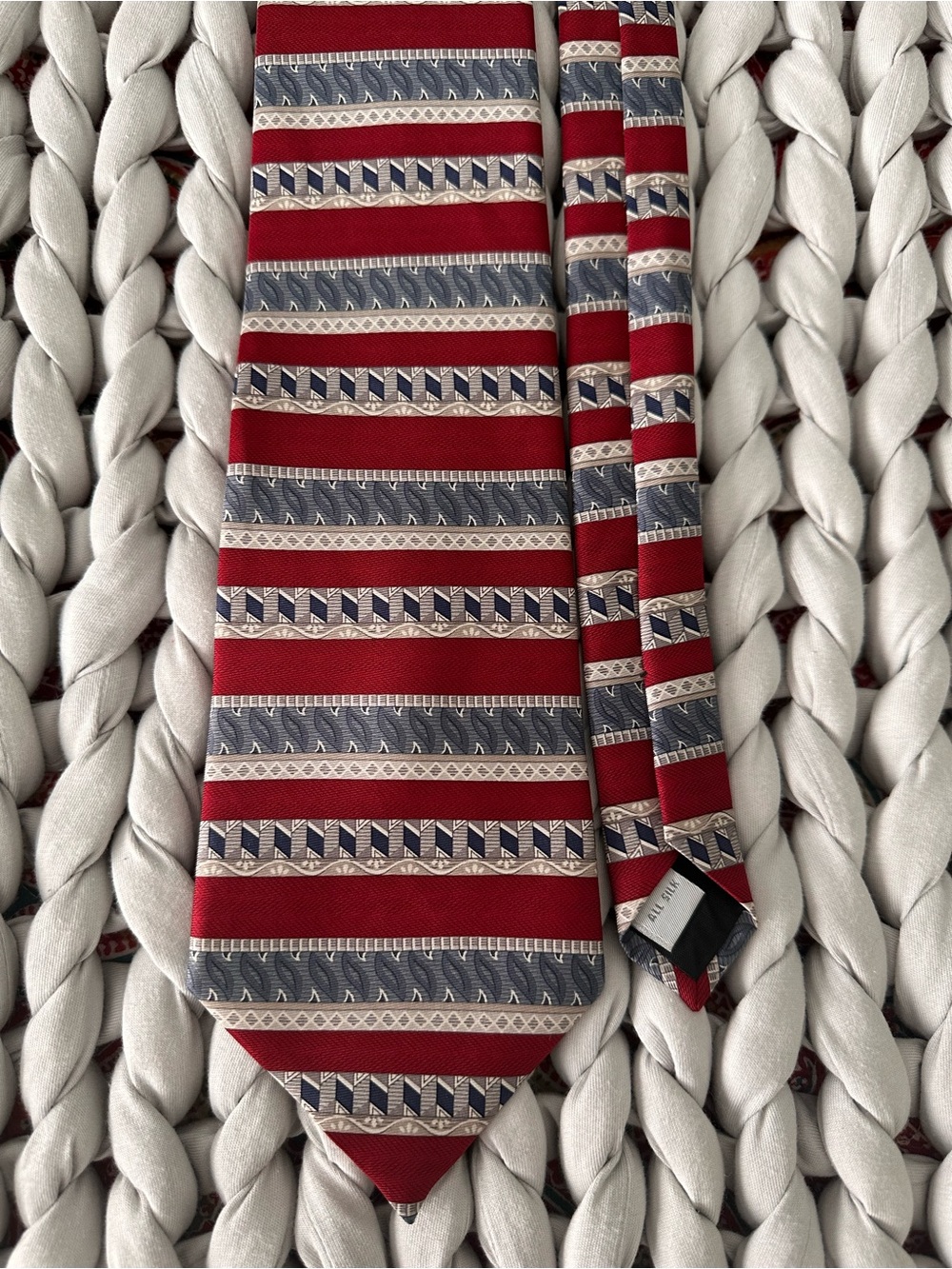 Pierre Cardin Red, Navy and Cream Geometric Stripe Silk Tie